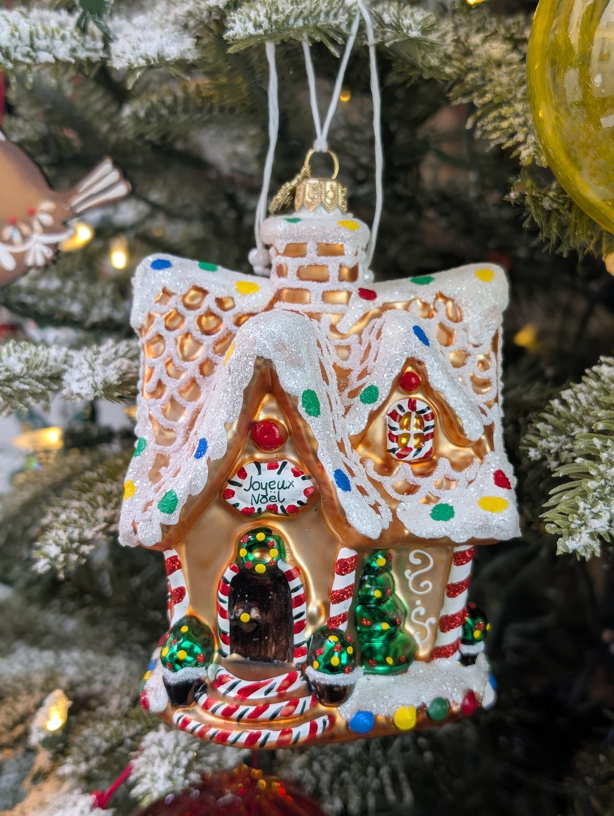 Suspension en forme de maison en pain d'épices décorée de glaçage blanc et de bonbons rouges, verts, bleus et jaunes. Joyeux Noël est écrit sur une pancarte au-dessus de la porte. 