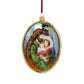 Suspension de Noël de forme ovale représentant un médaillon de la sainte famille : Marie, Joseph et Jésus enfant. 
